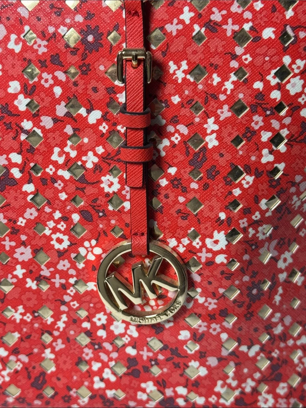 Michael Kors Jet Set Floral Red Metallic Details Tote Bag Signature Gold Charm